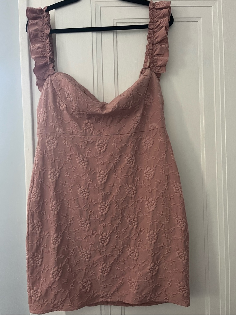 Lulu’s Textured Rose Pink Ruffle Strap Mini Dress